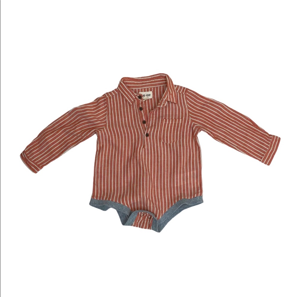 Me + Henry Orange and Gray Woven Onesie